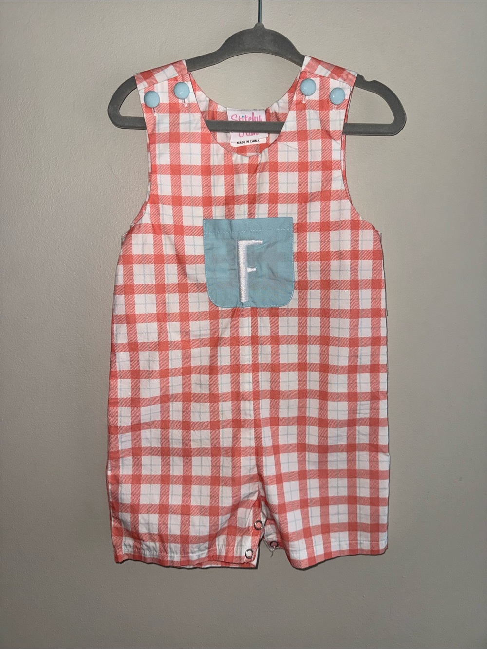 Stitchy Fish Baby Boy Peach Blue White Plaid Cotton Jon Jon Size 9M “F” Monogram